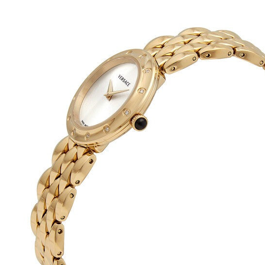 Versace V-Flare watch angled view showing gold case and braided bracelet design