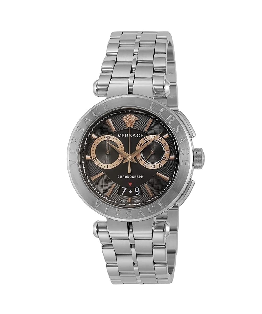Versace Aion Chronograph silver men's watch with black dial and rose gold chronograph subdials
