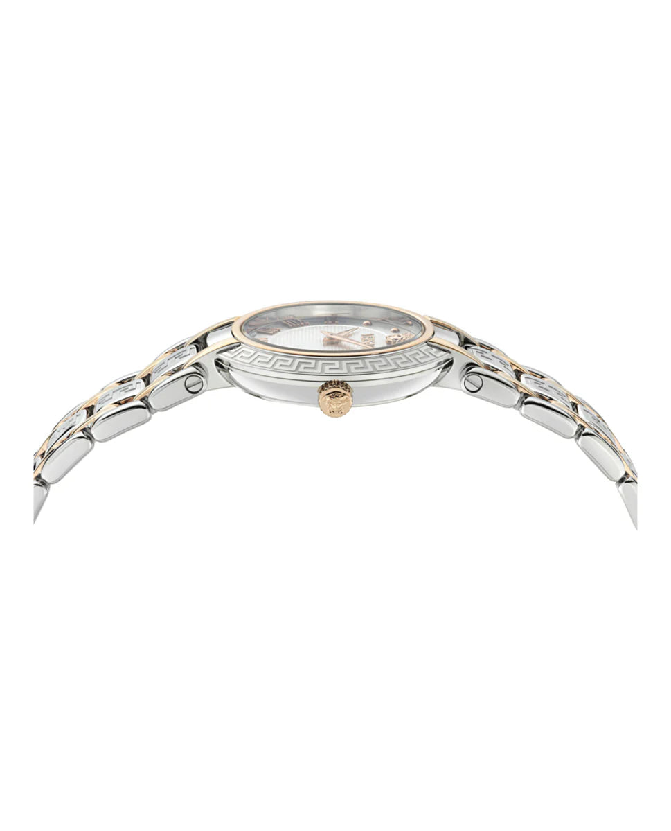 Versace Antlia watch angled view with white dial and rose gold silver bracelet