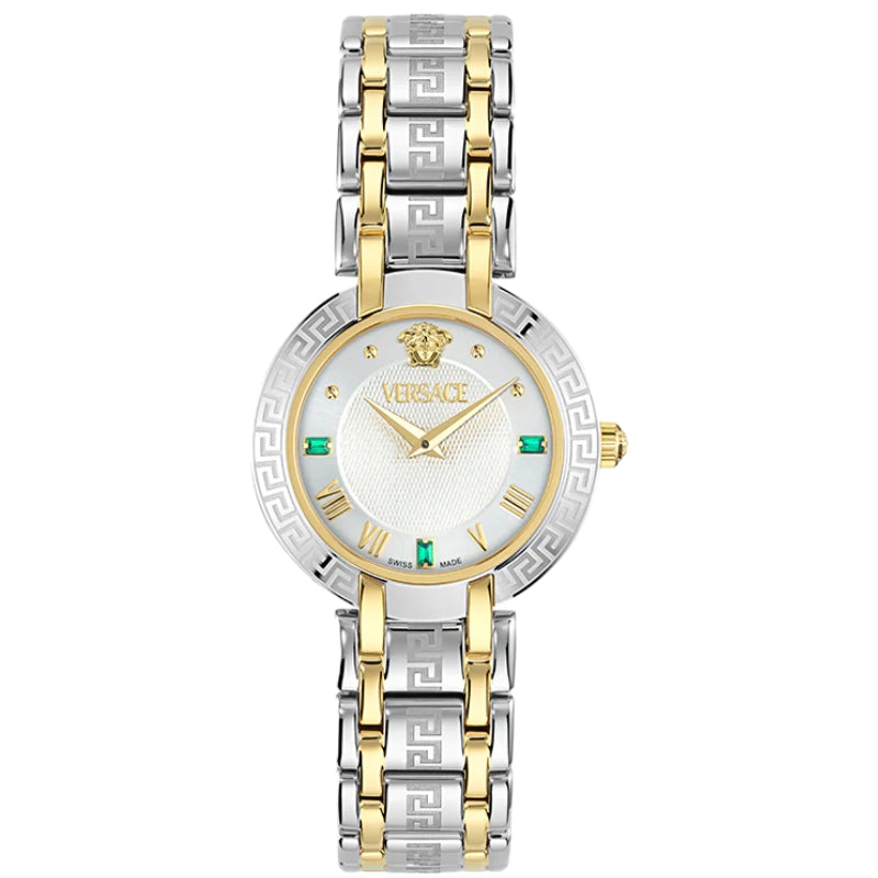 Versace Antlia two-tone women's watch with white dial, Greek key bezel, and emerald accents