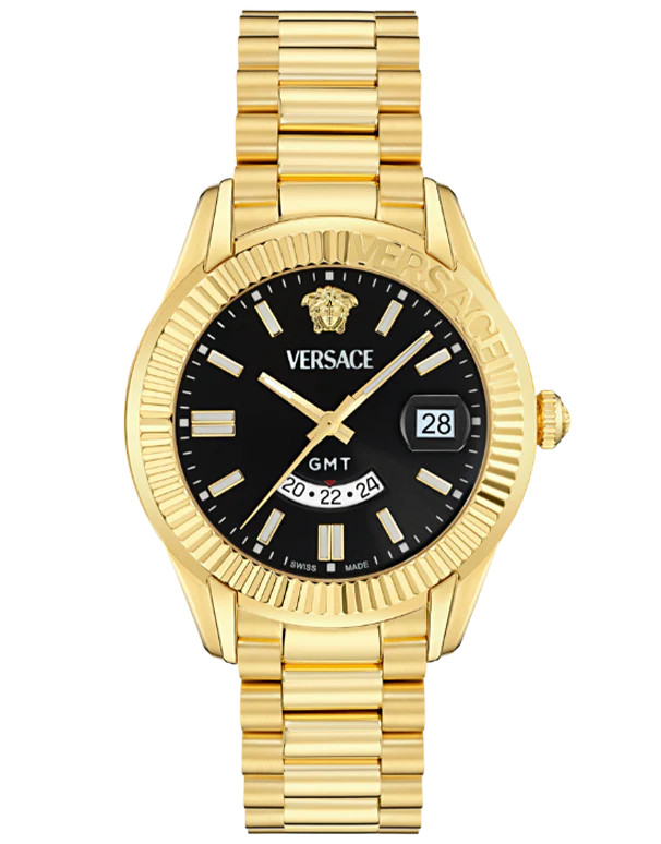 Versace Apodis GMT watch with black dial, gold-tone case and bracelet, showing GMT function and date window