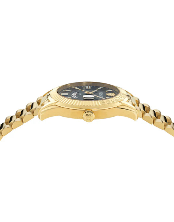 Side view of Versace Apodis GMT watch showing gold-tone case profile and integrated bracelet