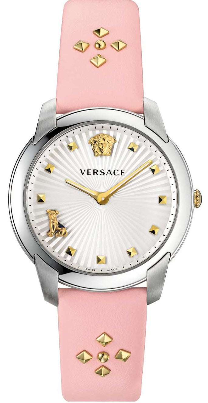 Versace Audrey quartz ladies watch with silver dial and pink leather strap