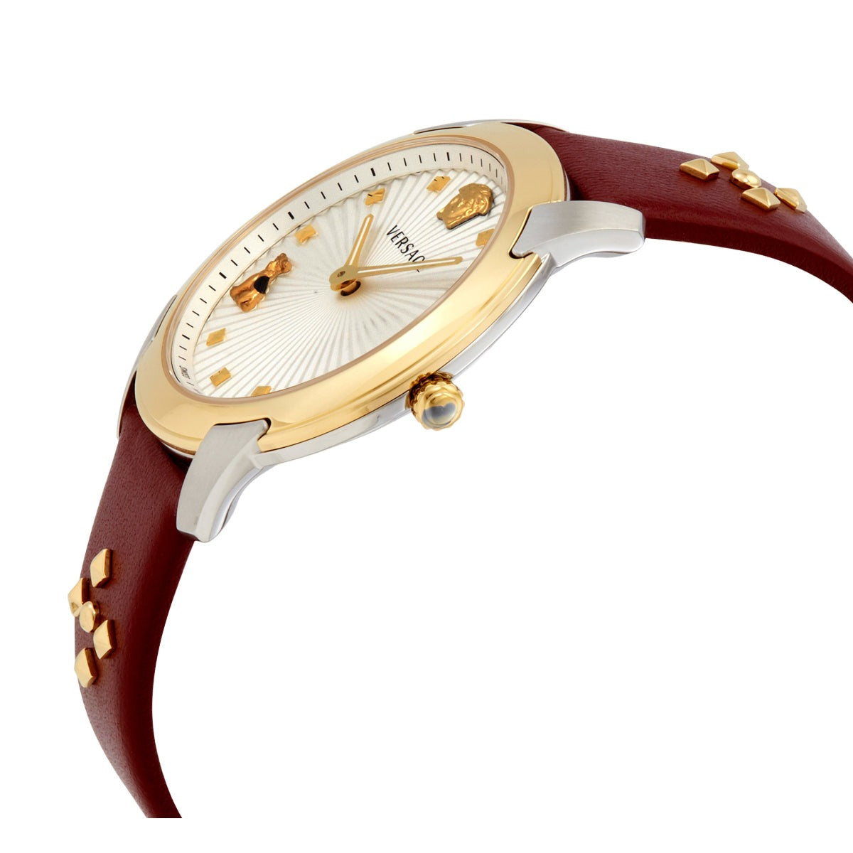 Versace Audrey V.Watch on wrist with two-tone case and burgundy leather band