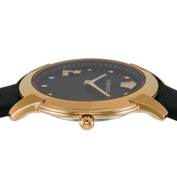 Versace Audrey watch side view showing gold-plated case profile and studded black leather strap