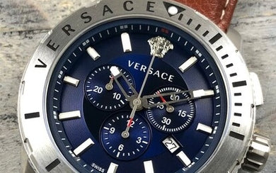 Close-up of Versace chronograph dial showing blue face with subdials and white indices