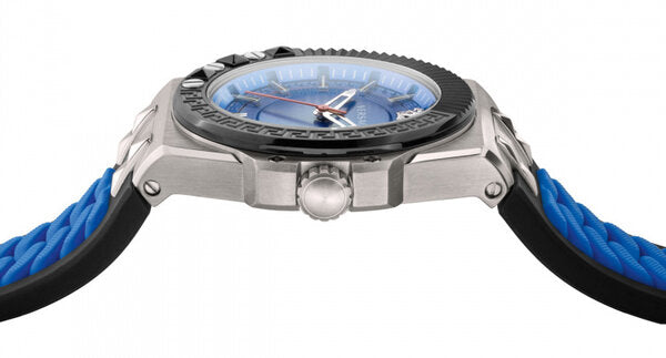 Side profile of watch showing stainless steel case thickness and strap