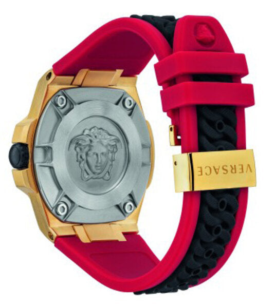Caseback of Versace Chain Reaction watch showing Medusa engraving and red rubber strap