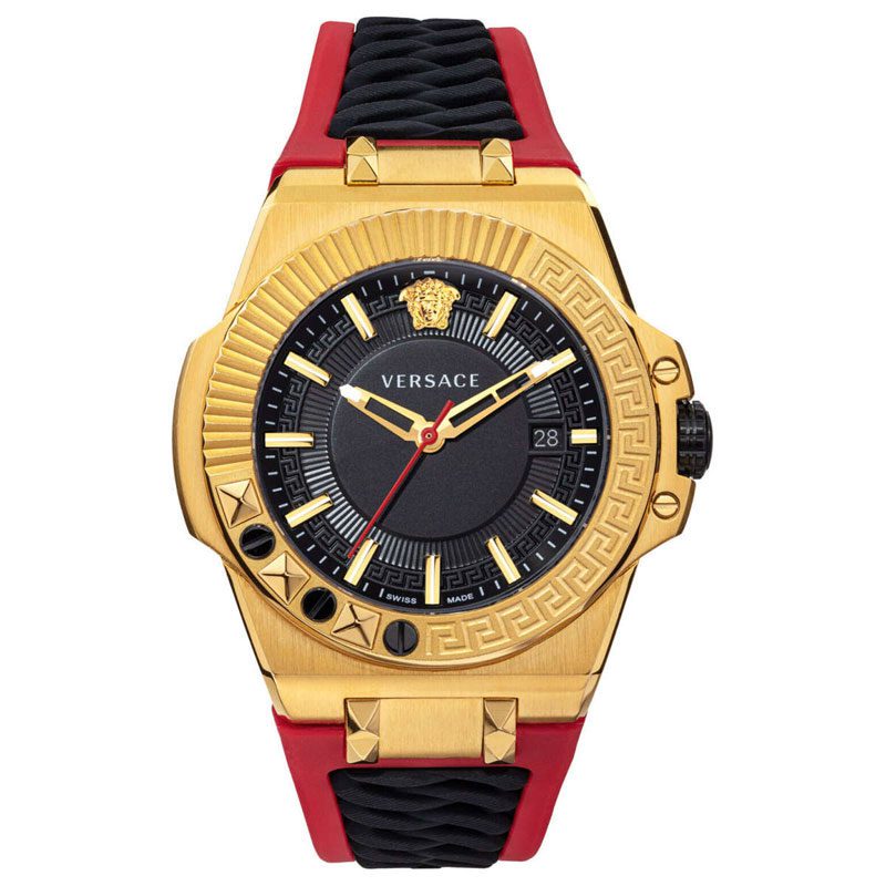 Versace Chain Reaction watch with gold-tone case, black dial, and red and black rubber strap