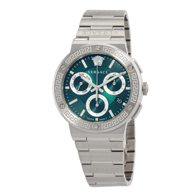 Versace Greca Logo Chrono Green Dial Silver Steel Strap Men's Watch - VEZ900121