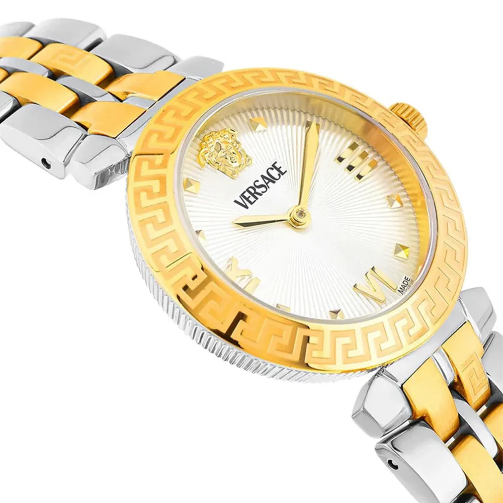 Versace Daphnis watch angled view showing white dial, gold-plated bezel, and two-tone steel bracelet