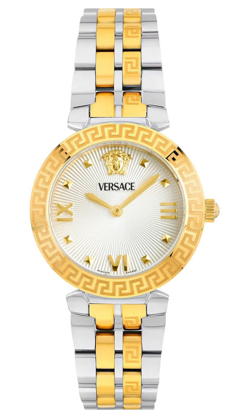Versace Daphnis women's watch with white dial, gold-plated case with Greek key pattern, and two-tone steel strap