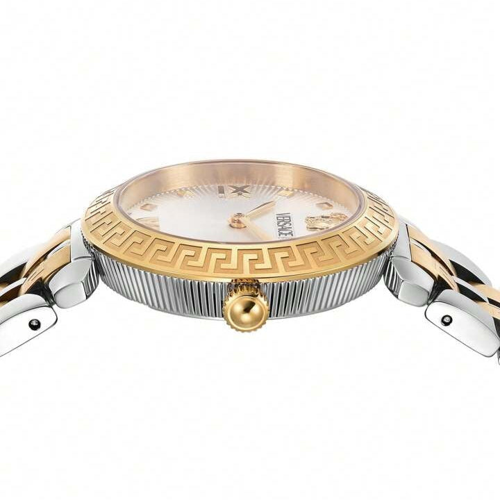 Versace Daphnis watch side view displaying white dial, gold-plated case with textured edge, and crown