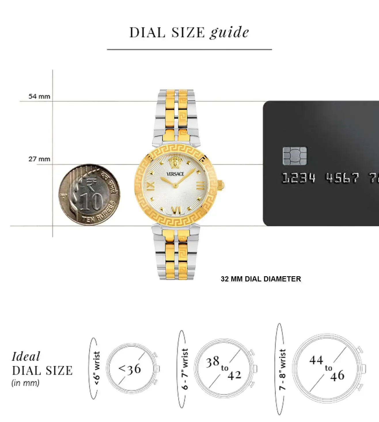 Versace Daphnis watch size guide showing 32mm dial diameter comparison with coin and credit card
