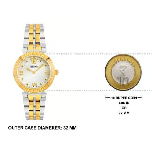 Versace Daphnis watch specifications showing 32mm case diameter and comparison to 10 rupee coin