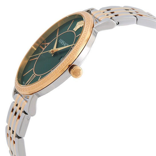 Versace Daphnis watch side profile showing green dial, two-tone strap, and gold-plated case