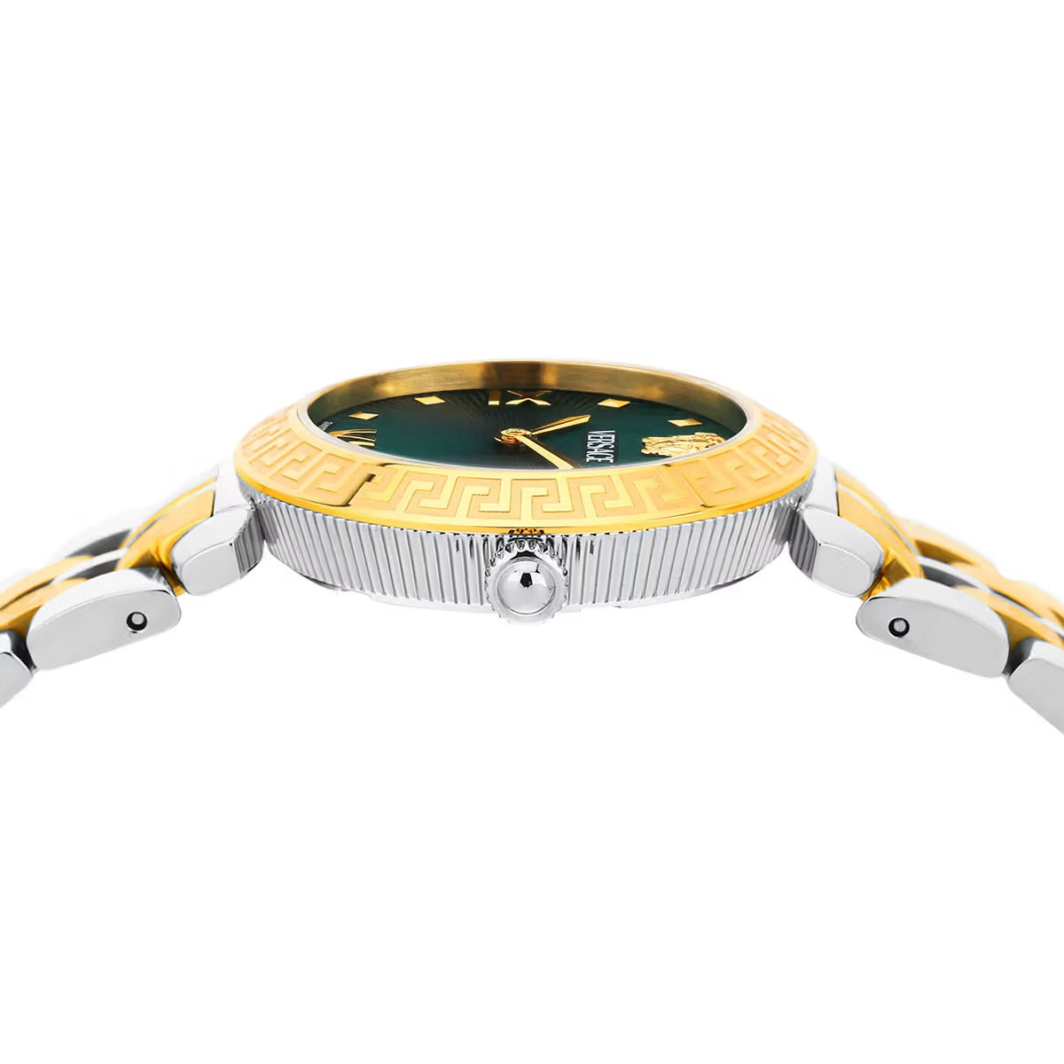 Close-up of Versace Daphnis watch case side showing gold-plated bezel with Greek key pattern
