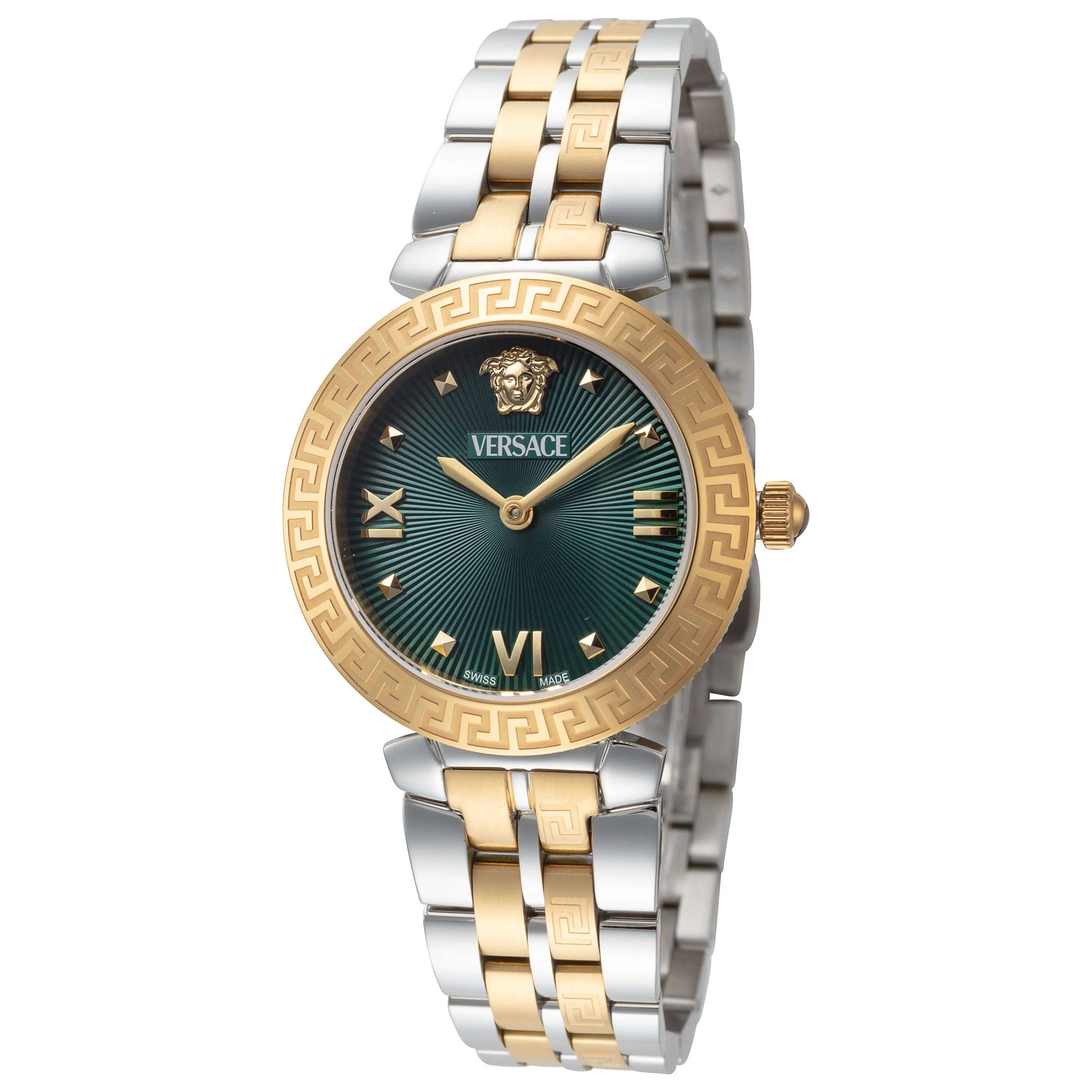 Versace Daphnis watch featuring green dial, roman numerals, and two-tone stainless steel band