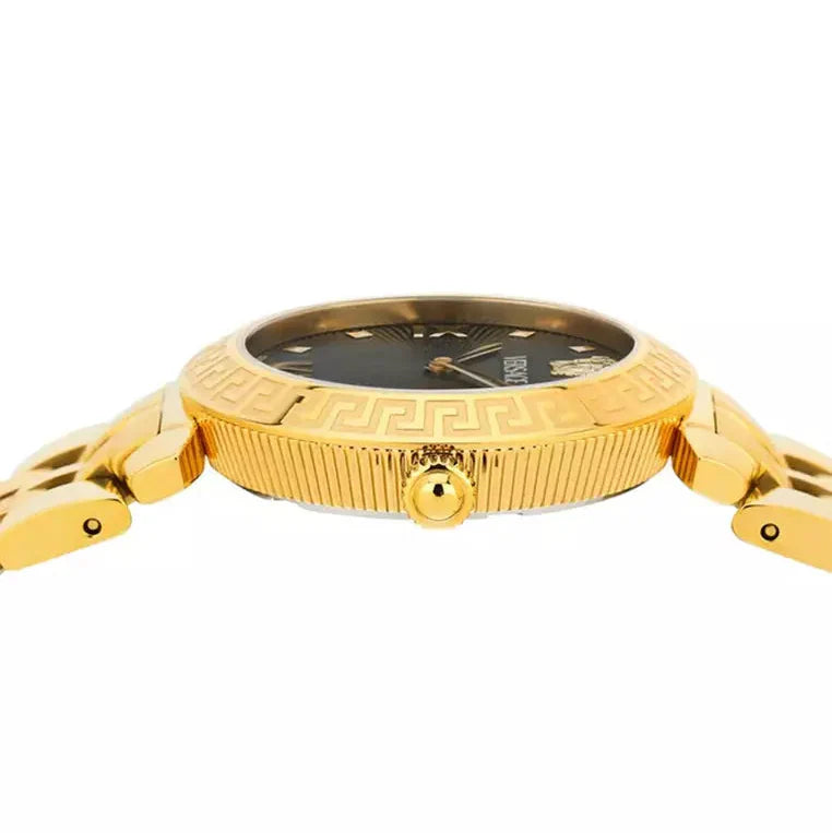 Side view of Versace Daphnis watch showing gold bezel with ribbed texture and lugs