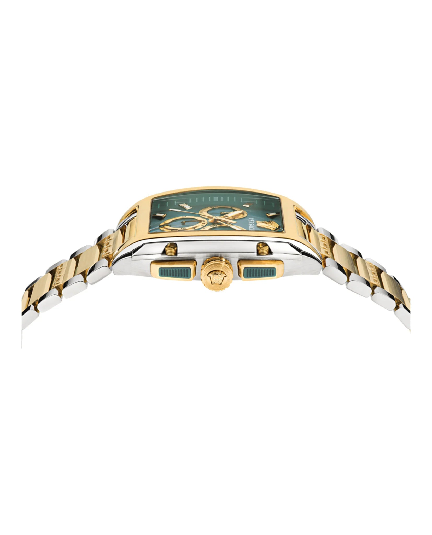 Versace Dominus Chronograph side view showing case profile and two-tone bracelet
