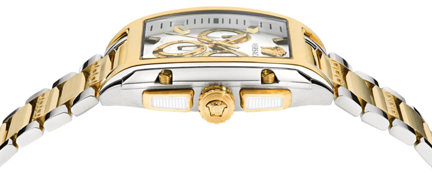 Side profile of Versace Dominus chronograph watch showing case and two-tone bracelet