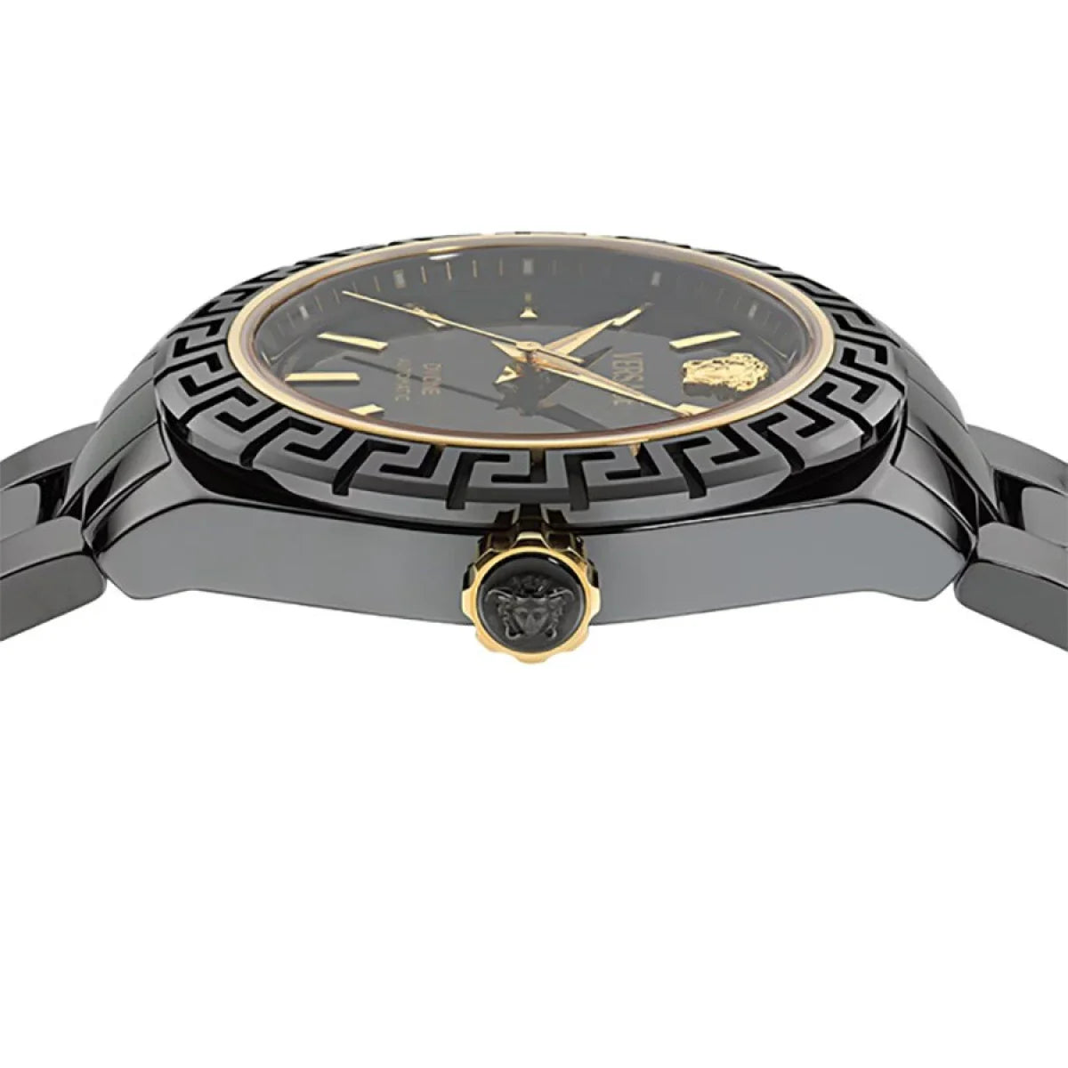 Versace DV One Mini black watch side profile showing ceramic case and Medusa logo