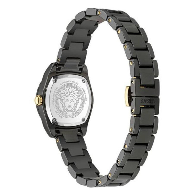 Versace DV One Mini watch caseback showing Medusa medallion and ceramic bracelet