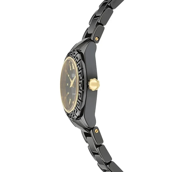 Versace DV One Mini women's watch side view with black ceramic bracelet and case