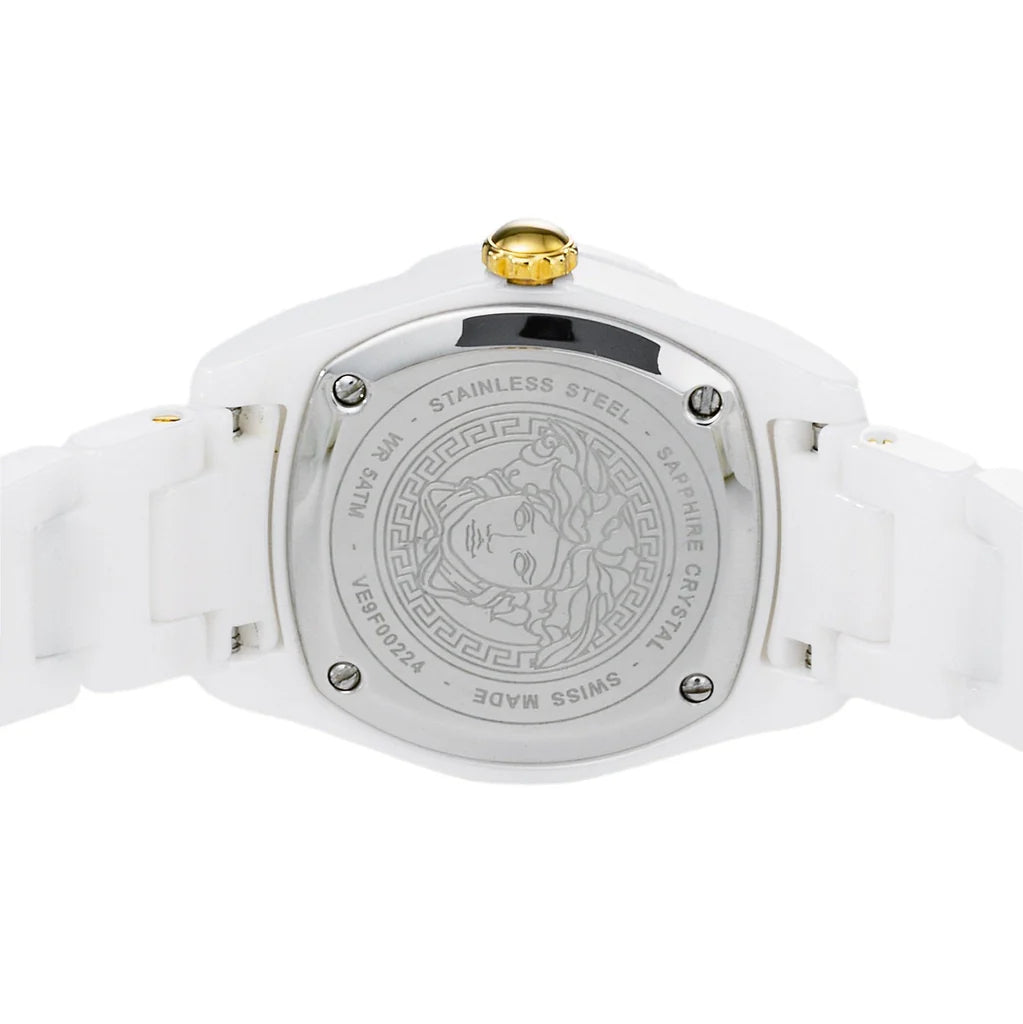 Caseback of Versace DV One Mini with Medusa medallion and stainless steel engraving