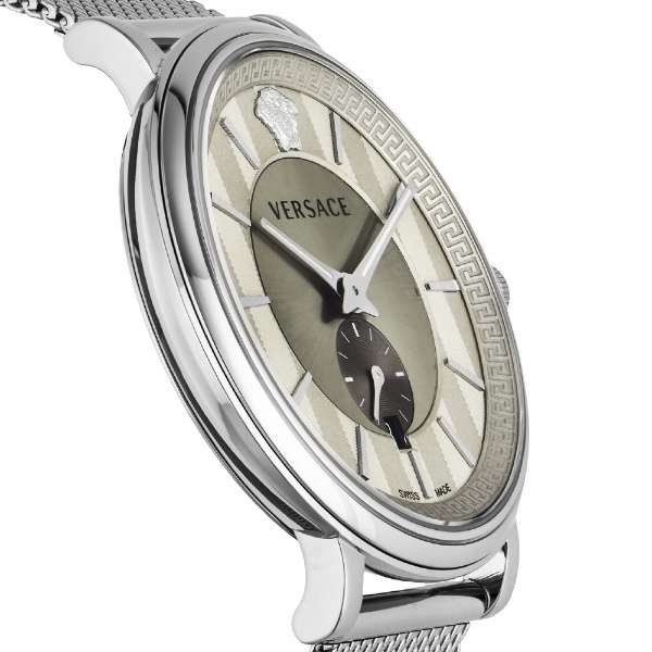 Three-quarter angle view of Versace Dylos automatic watch with silver dial and mesh bracelet