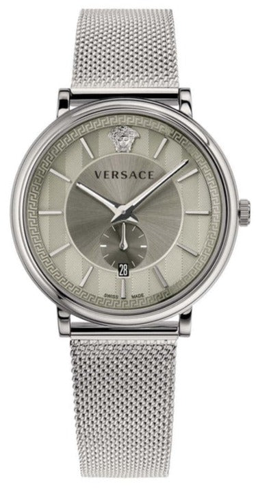 Versace Dylos 42mm automatic watch with silver dial, sunburst finish, mesh bracelet and small seconds subdial