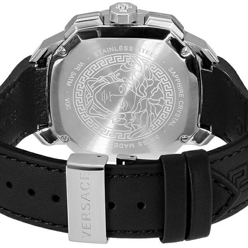 Versace Dylos caseback detail showing Medusa emblem and stainless steel case engraving