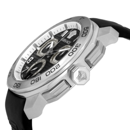 Side angled view of Versace Dylos chronograph watch with black leather strap