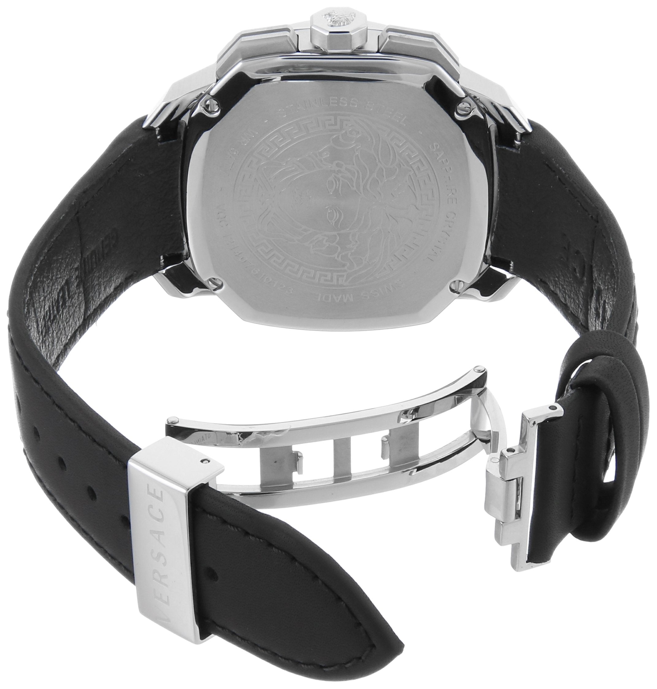 Back view of Versace Dylos watch showing leather band and stainless steel case