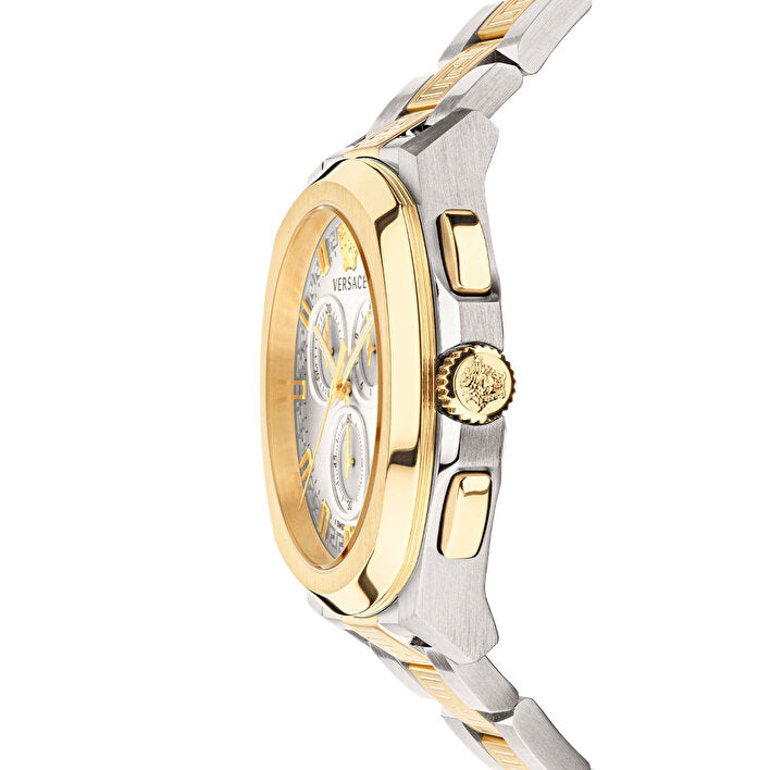 Versace Dylos watch side view displaying case profile and two-tone strap