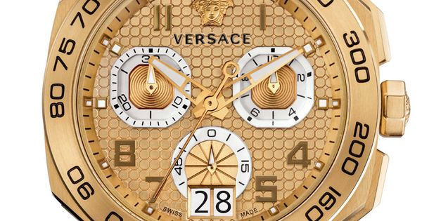 Close-up of Versace Dylos dial showing chronograph subdials and date display
