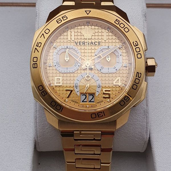 Versace Dylos gold chronograph watch with textured gold dial and date window