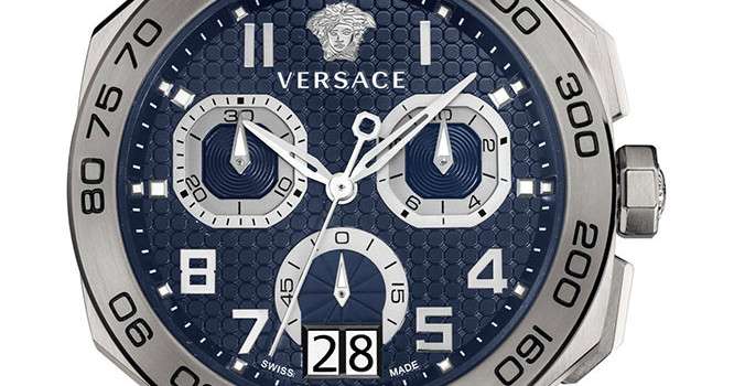 Close-up of Versace Dylos blue dial showing chronograph subdials and applied indices