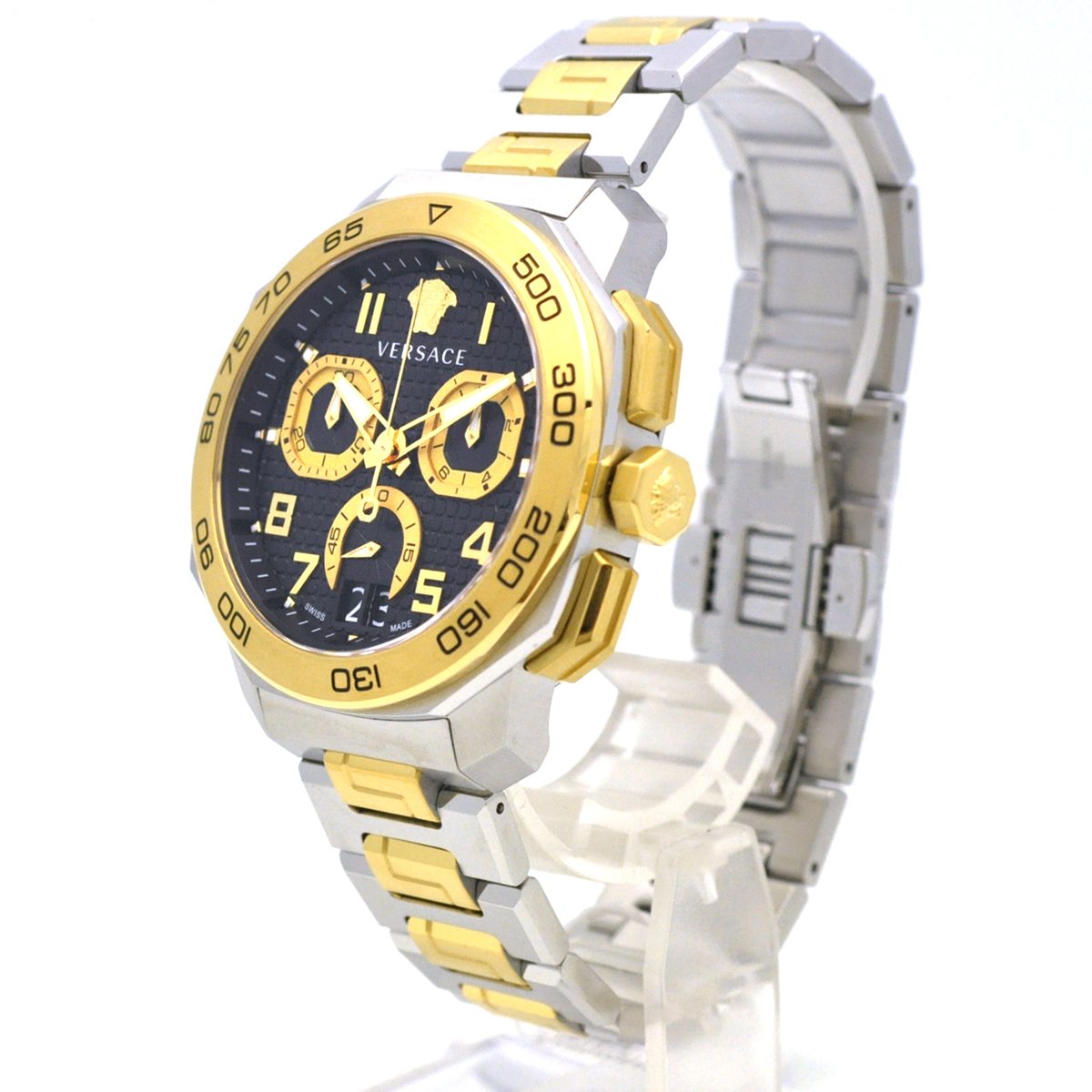 Versace Dylos chronograph watch displayed at an angle showing two-tone steel and gold construction