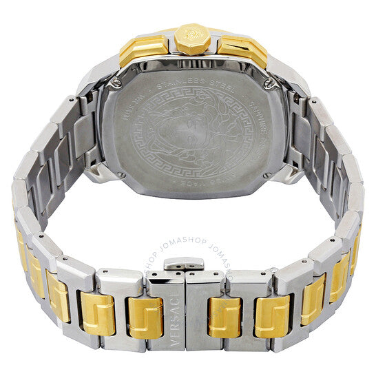 Versace Dylos chronograph watch back view showing case and two-tone steel bracelet