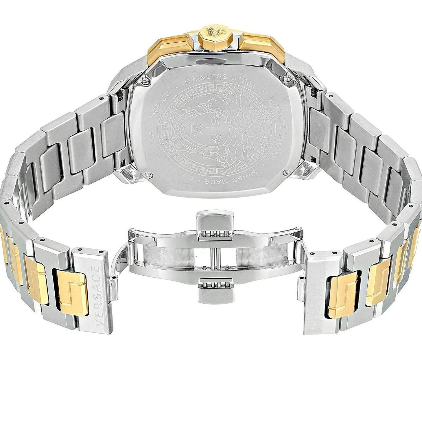 Versace Dylos caseback with Medusa head engraving and two-tone bracelet attachment