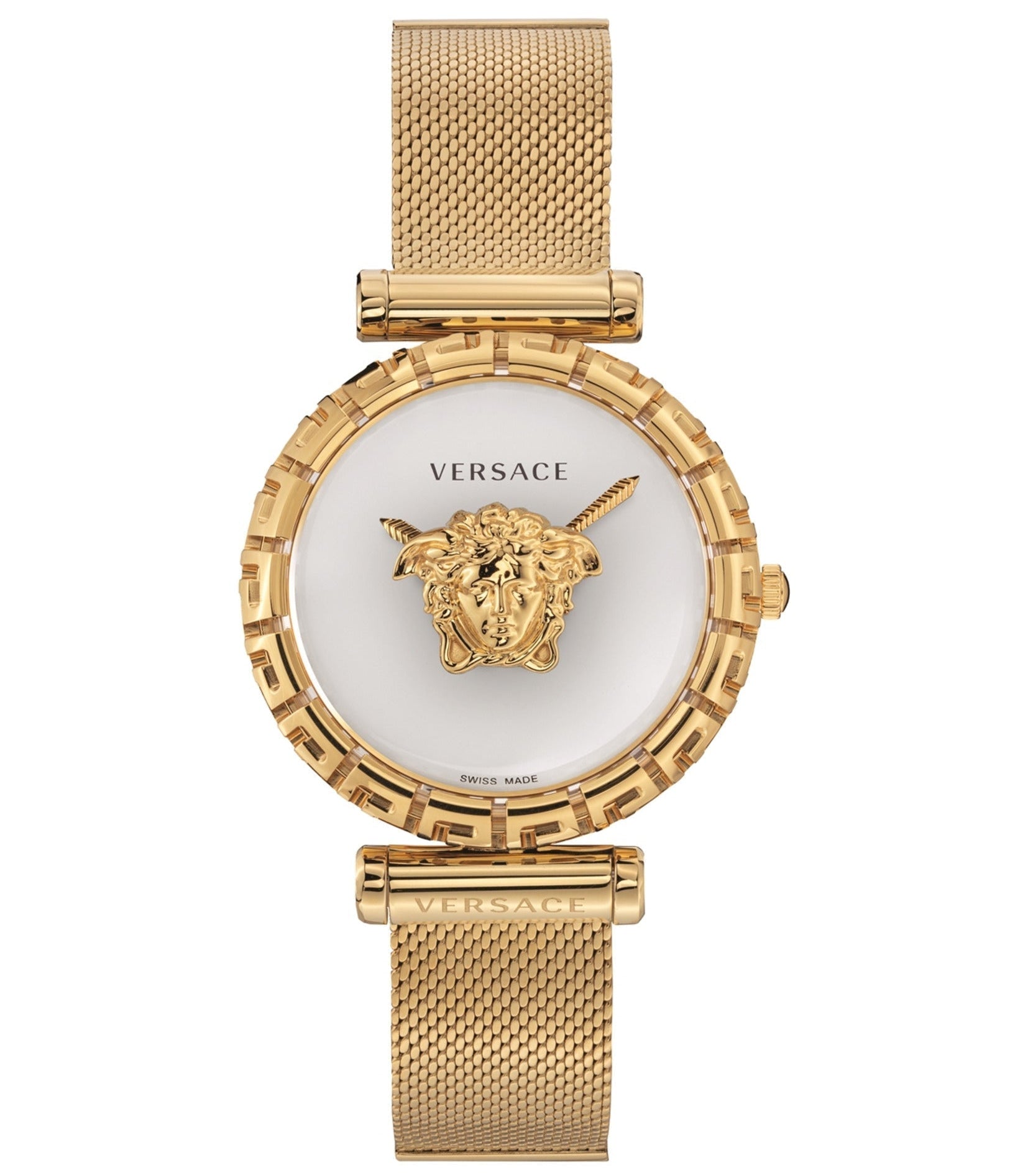 Versace Empire Greca gold women's watch with white dial, Medusa head logo, and mesh strap