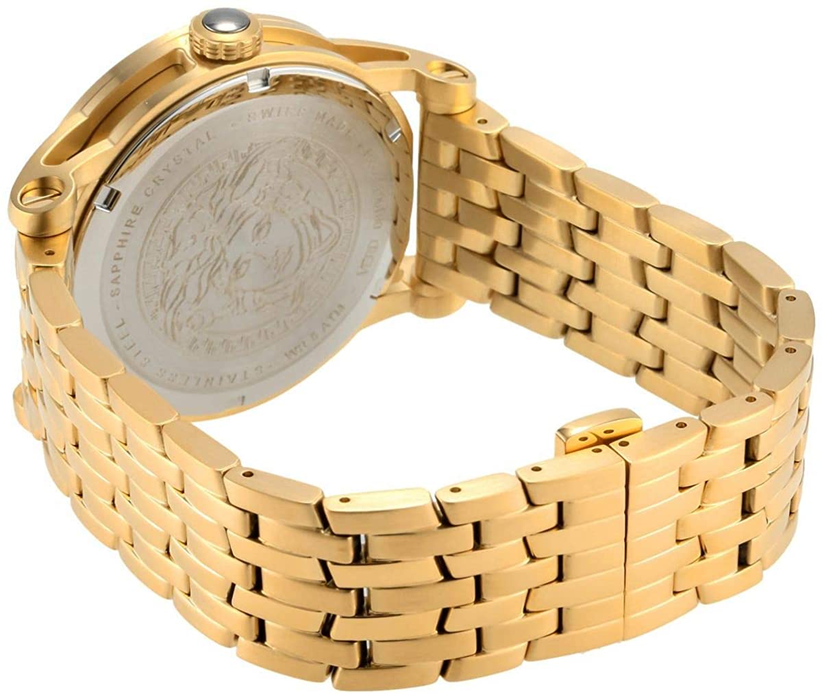Versace Empire watch caseback with Medusa engraving and gold stainless steel bracelet