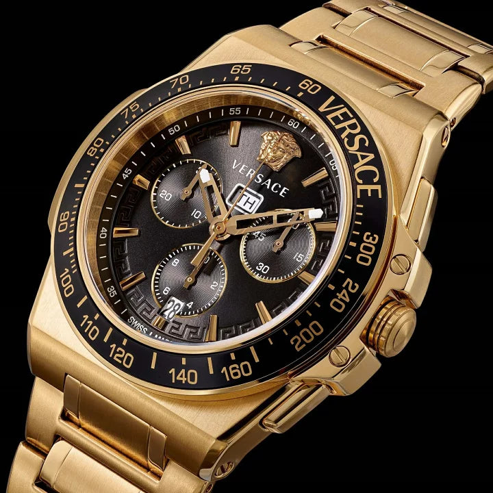 Angled view of Versace Greca Extreme chronograph with black dial and Medusa branding
