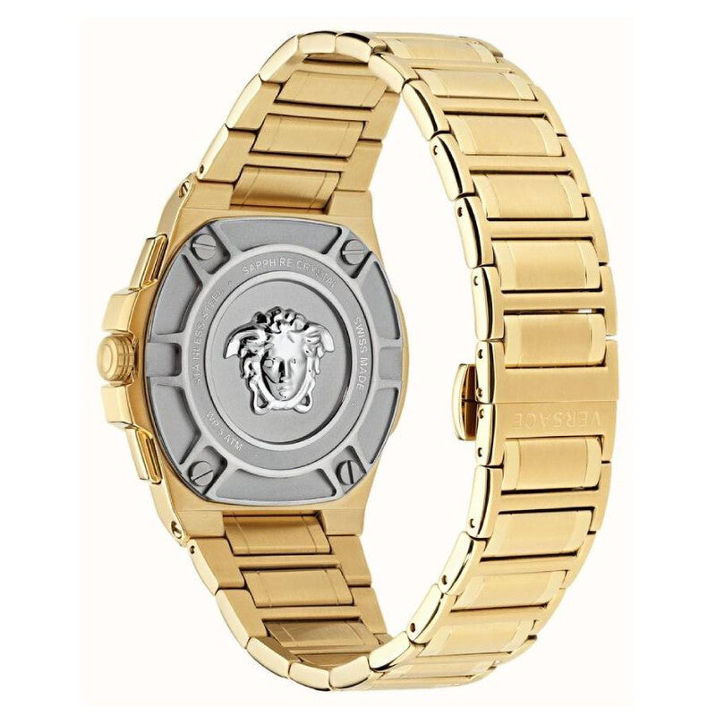 Caseback of Versace Greca Extreme watch with Medusa medallion, gold-tone stainless steel bracelet