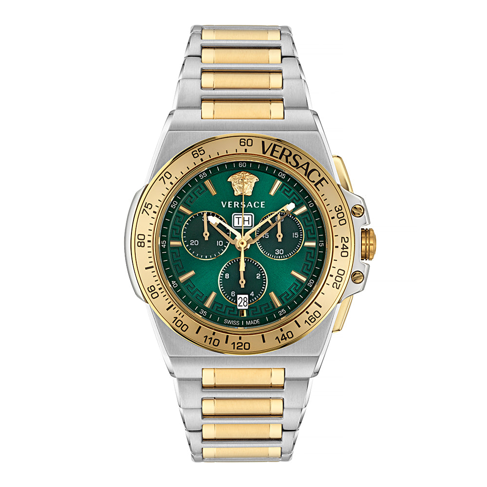 Versace Greca Extreme Chronograph with two-tone stainless steel bracelet and green dial