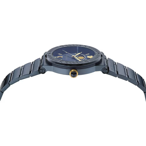 Versace Greca Logo watch side angle view with dark stainless steel case and bracelet