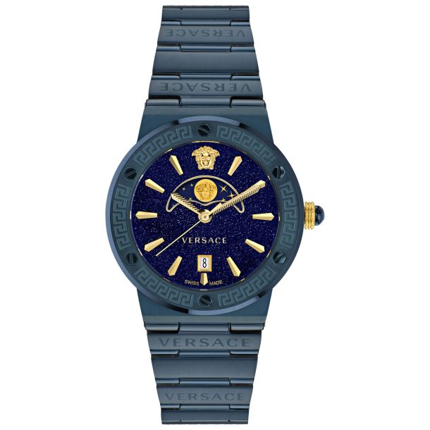 Versace Greca Logo moonphase watch with dark blue dial, gold accents, and stainless steel bracelet