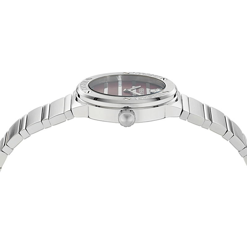 Versace Greca Logo watch angle view displaying burgundy mother of pearl dial and silver steel case