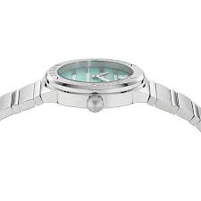 Versace Greca Logo watch angled view showing turquoise mother of pearl dial and bracelet